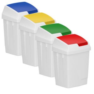 Group of white 5800 25L swing bins with blue, yellow, red and green lids